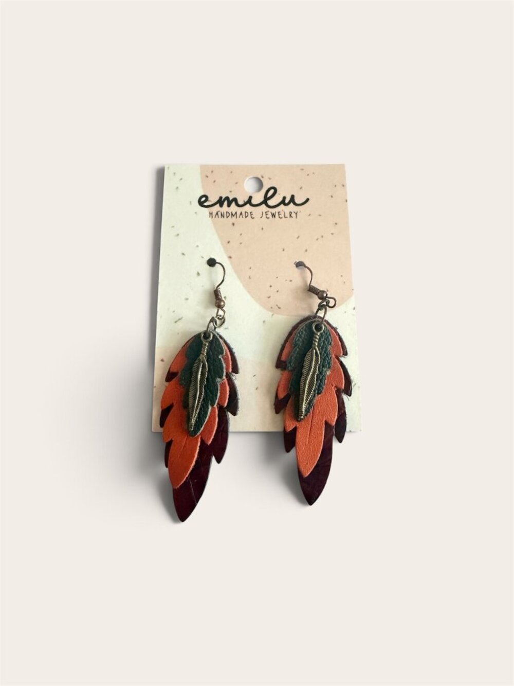 Handmade Multi-Layer Leather Feather Earrings - Textured Green Orange Burgundy